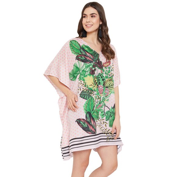 Floral Printed Pink Polyester Short Caftan Tunic Dress for Women by Gypsie Blu - Picture 5 of 9